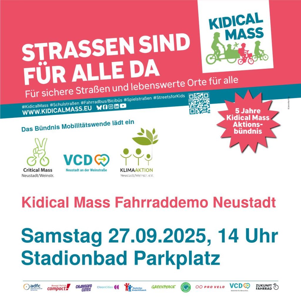 Kidical Mass Fahrraddemo, 27.9.2025, 14 Uhr, Parkplatz Stadionbad, Neustadt/Weinstr.