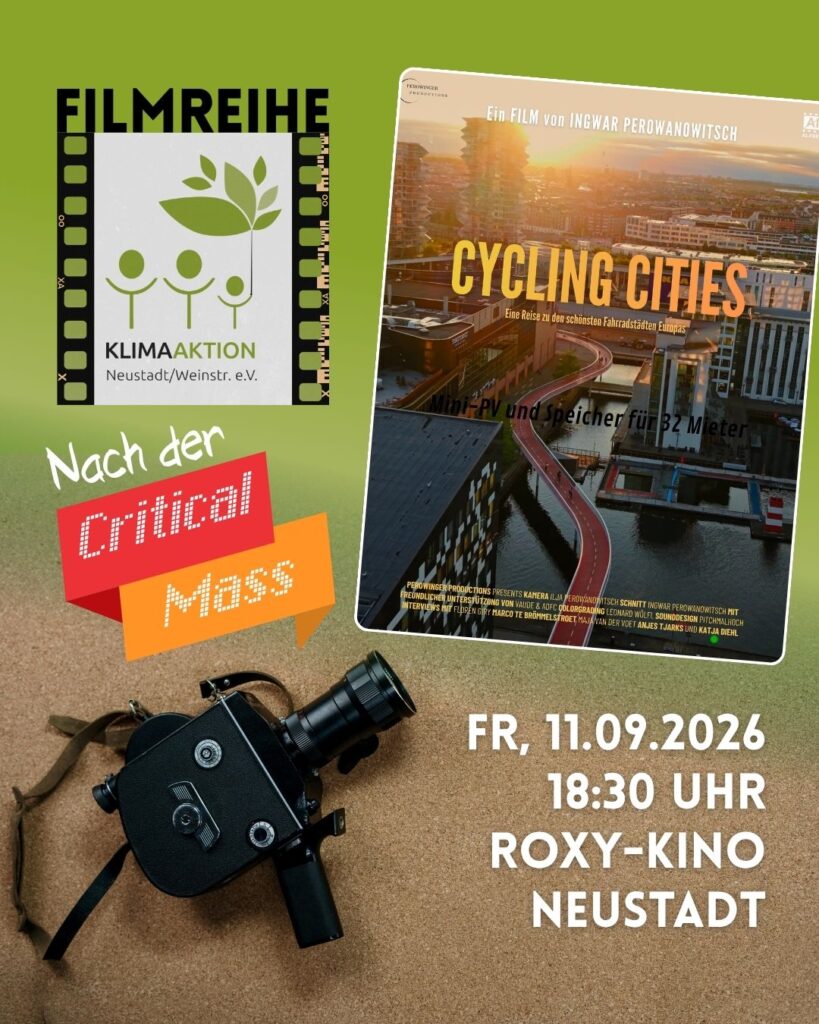 "Cycling Cities" in der Filmreihe der Klimaaktion am 11.09.2026 um 18:30 Uhr im Roxy Kino Neustadt/Weinstr. (nach der Critical Mass Fahrraddemo)