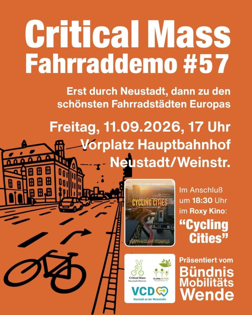 Critical Mass Fahrraddemo #57 - Erst durch Neustadt, dann zu den schönsten Fahrradstädten Europas, Fr. 11.09.2026, 17 Uhr, Vorplatz Hbf. NW