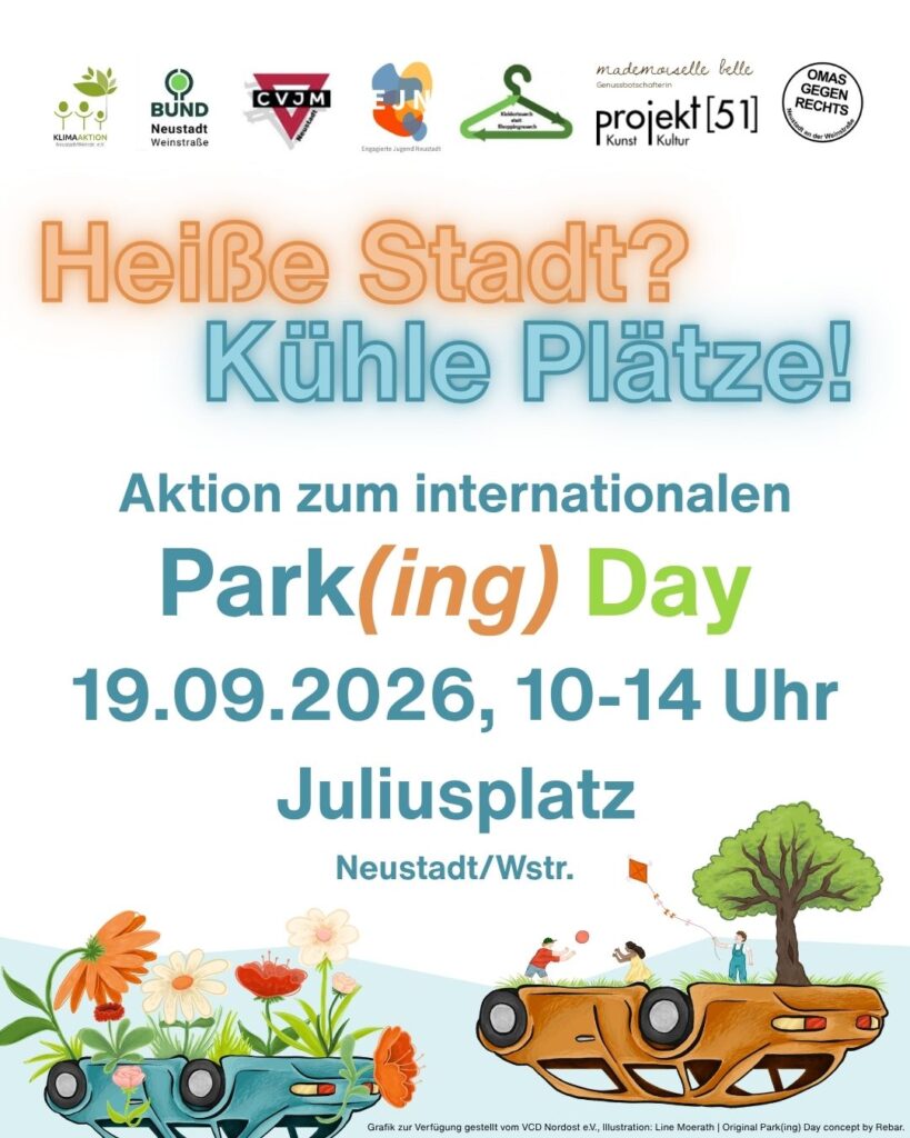 Heiße Stadt? Kühle Plätze! - Aktion zum internationalen Park(ing) Day, Samstag, 19.09.2026 von 10-14 Uhr auf dem Juliusplatz in Neustadt/Weinstr.