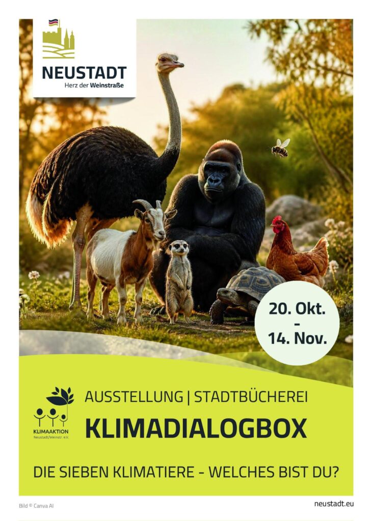 Ausstellung Klimadialogbox: Die sieben Klimatiere - Welches bist Du? vom 20.10. - 14.11.2026 in der Stadtbücherei Neustadt/Weinstr.