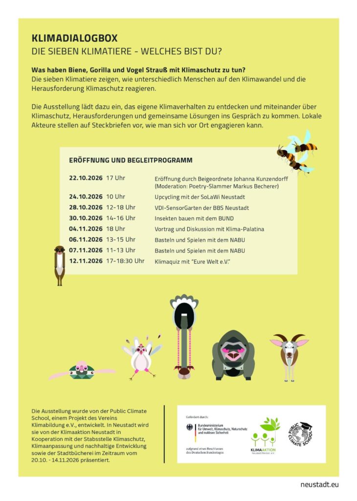 Ausstellung Klimadialogbox: Die sieben Klimatiere - Welches bist Du? vom 20.10. - 14.11.2026 in der Stadtbücherei Neustadt/Weinstr., Flyer Seite 2